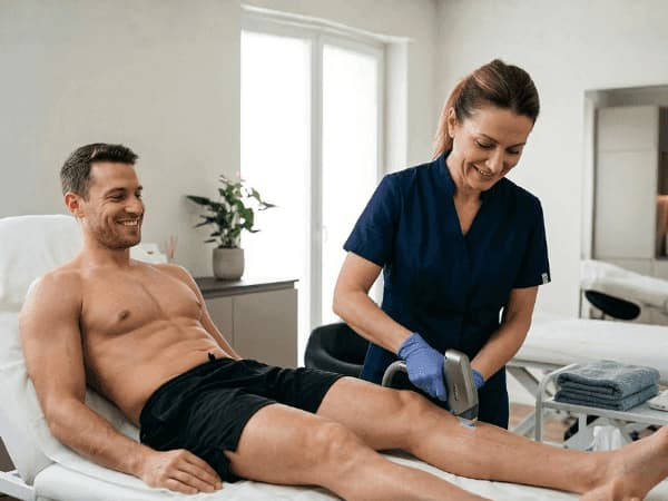 Un atleta uomo sorridente riceve un trattamento di epilazione laser professionale sulla gamba da un'operatrice specializzata di Queens Factory a Formello. L'operatrice indossa una divisa blu e guanti, mentre l'uomo è sdraiato su un lettino in uno studio pulito e moderno.