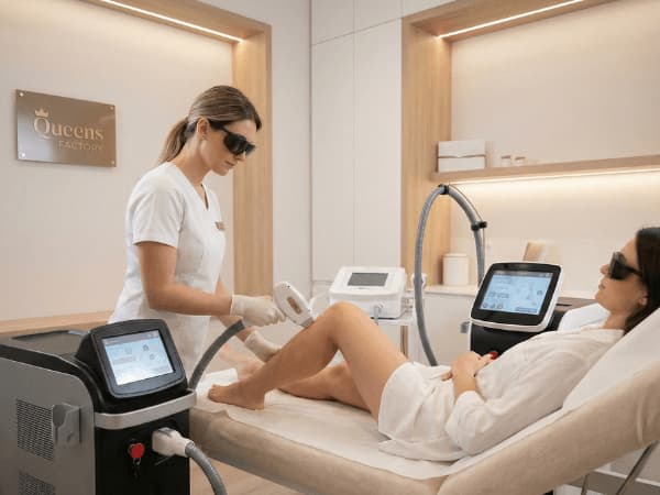 Sessione di epilazione laser diodo sulle ascelle presso Queens Factory; cliente con occhiali protettivi e gel conduttore.